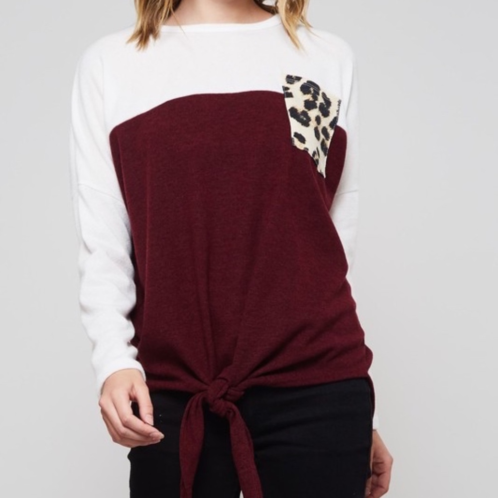 NWT Burgundy Colorblock Tie-Front Top w/ Leopard Pocket